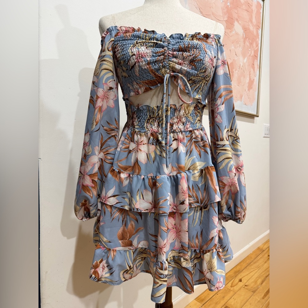 Floral tiered Dress in Blue and Pink